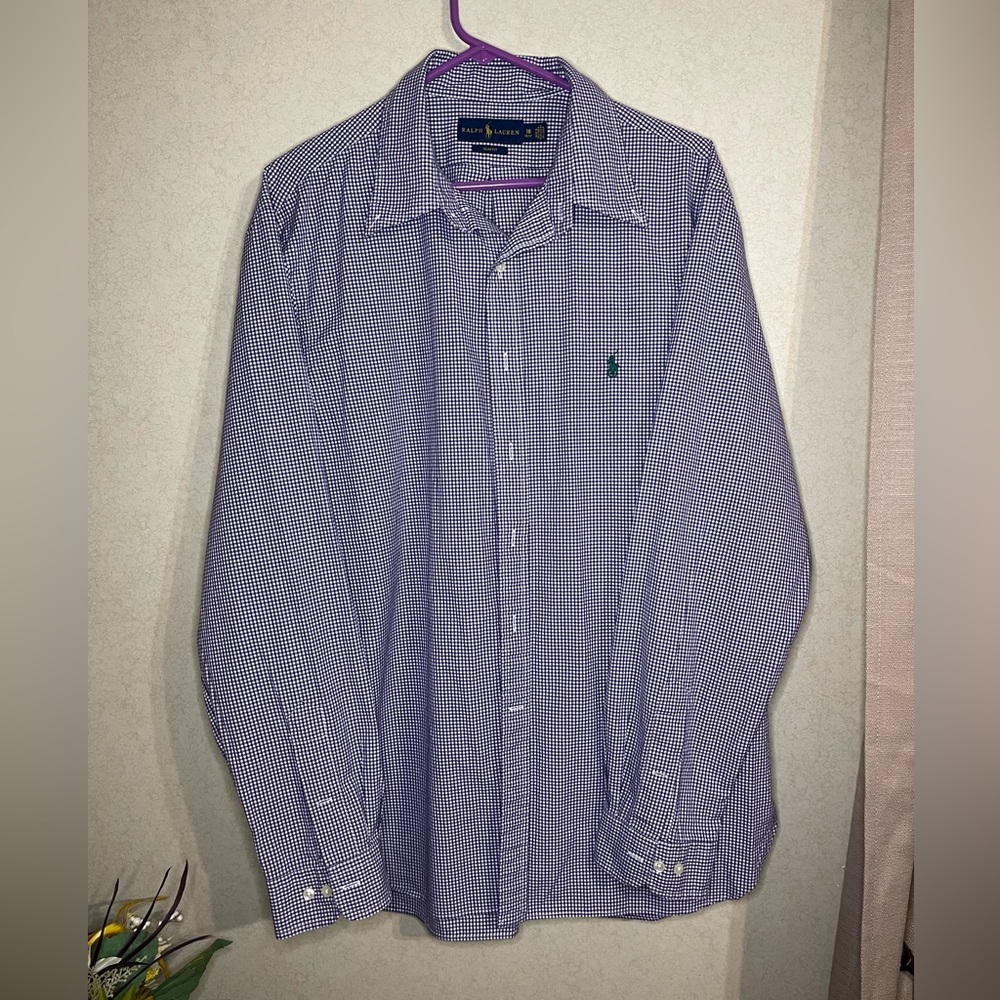 RL purple plaid shirt Green logo